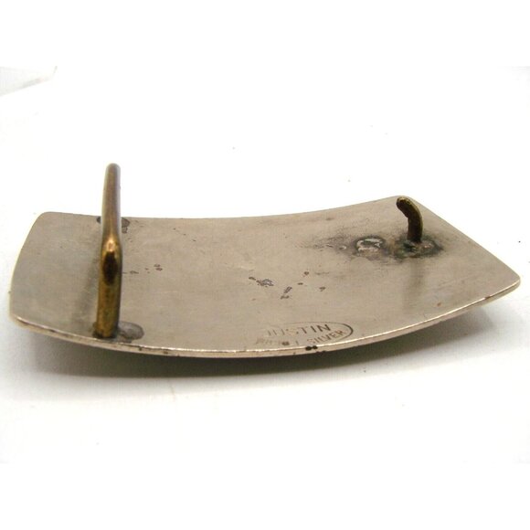 Justin Nickel Silver Gold Saddle Belt Buckle Western Ranch Roping Bullriding Vtg - Picture 6 of 9